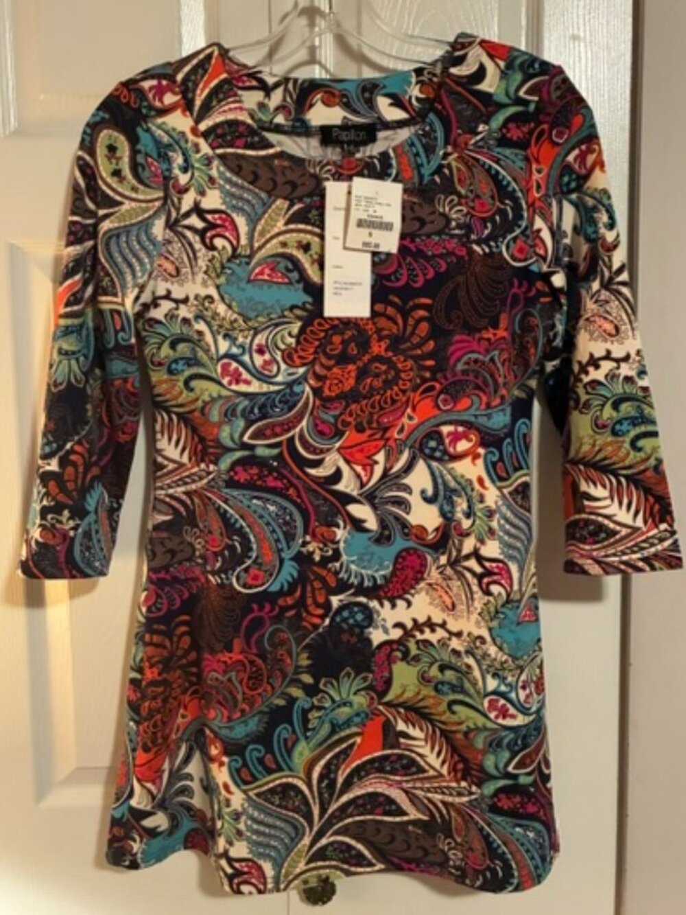 NWT Size S Papillon Suzanne's Multicolor Paisley 3/4 Sleeve Tunic Top